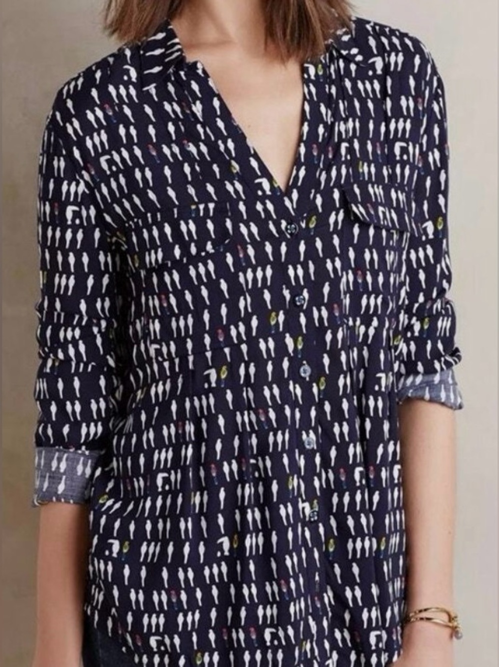 Anthropologie Maeve Wynwood Navy Blue Blouse Parrot Print